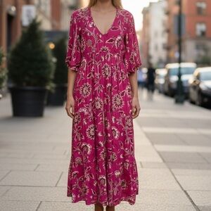 Anthropologie Omika Pia Caftan Boho Ethereal Beachy Maxi Dress Pink + Floral XS
